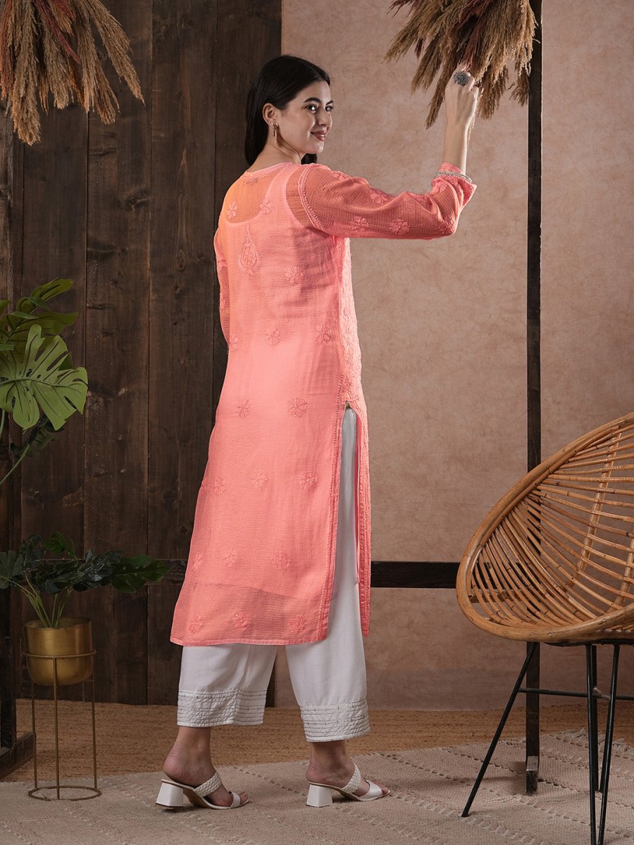 ADA Women Peach-Coloured Chikankari Hand Embroidered Straight Kota Handloom Kurta With Matching Slip - Distacart