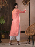 Thumbnail for ADA Women Peach-Coloured Chikankari Hand Embroidered Straight Kota Handloom Kurta With Matching Slip - Distacart