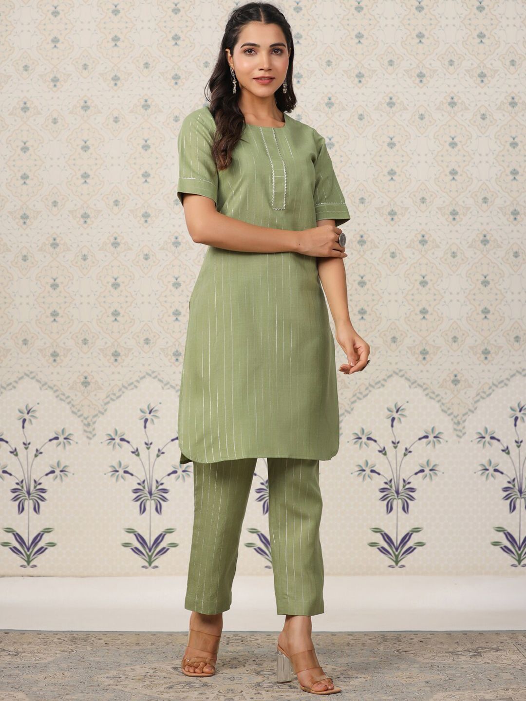 Ode by House of Pataudi Striped Regular Gotta Patti Kurta With Trousers - Distacart