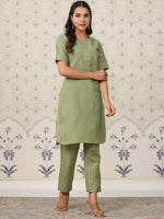 Thumbnail for Ode by House of Pataudi Striped Regular Gotta Patti Kurta With Trousers - Distacart