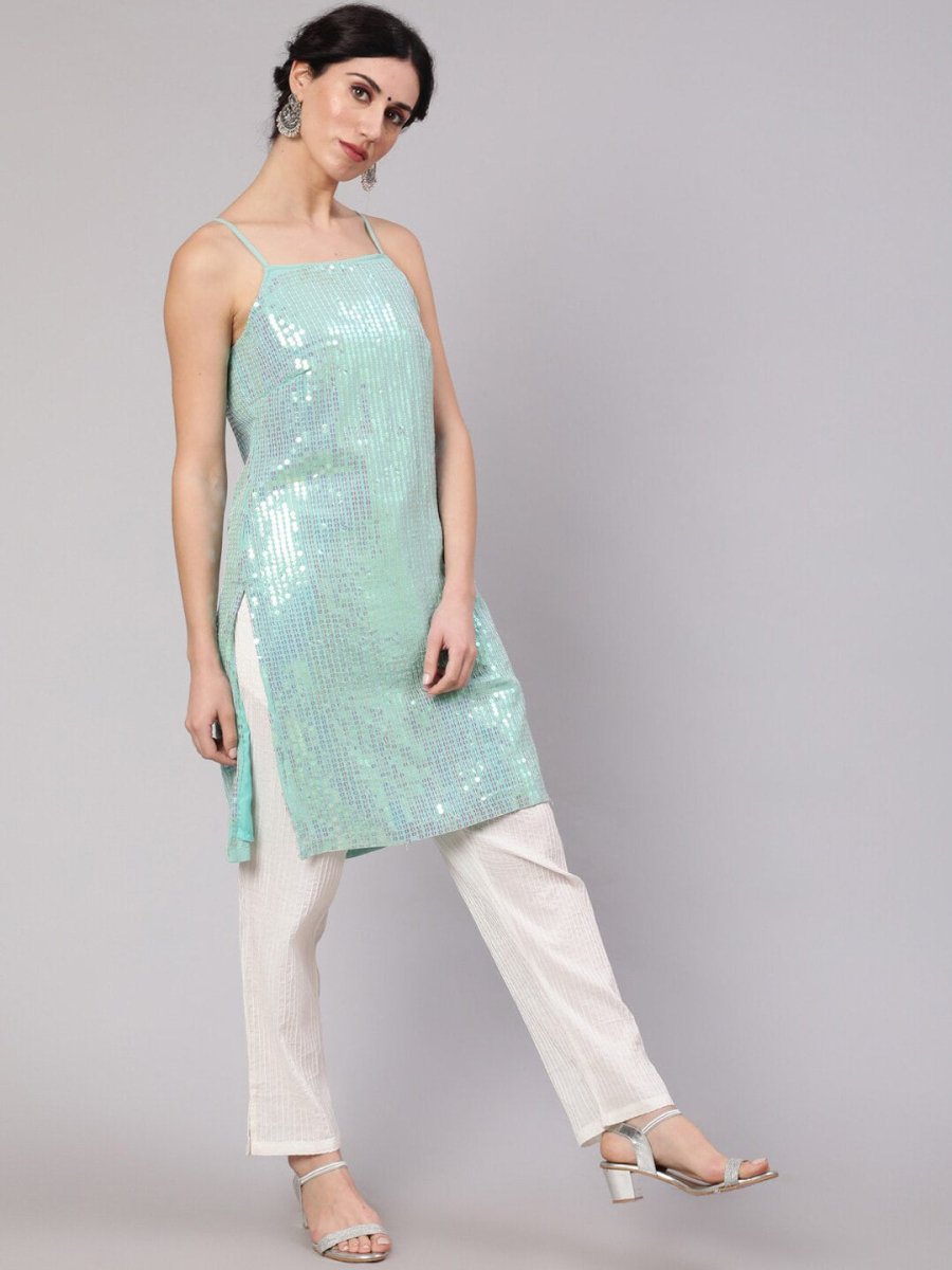 Aks Geometric Embroidered Sequinned Georgette Straight Kurta - Distacart