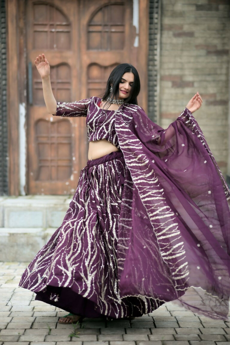 Vastranavya Enchanting Designer Tebby-Silk Lehenga Choli With Dupatta Set - Wine - Distacart