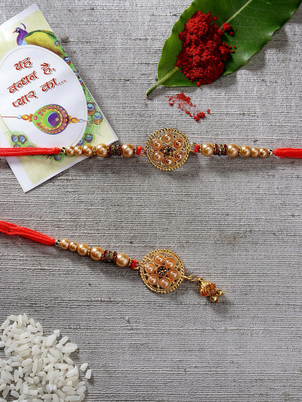 NVR Women & Men Set of 2 Gold-Toned Stone-Studded & Beaded Bhaiya Bhabi Rakhi With Roli Chawal - Distacart