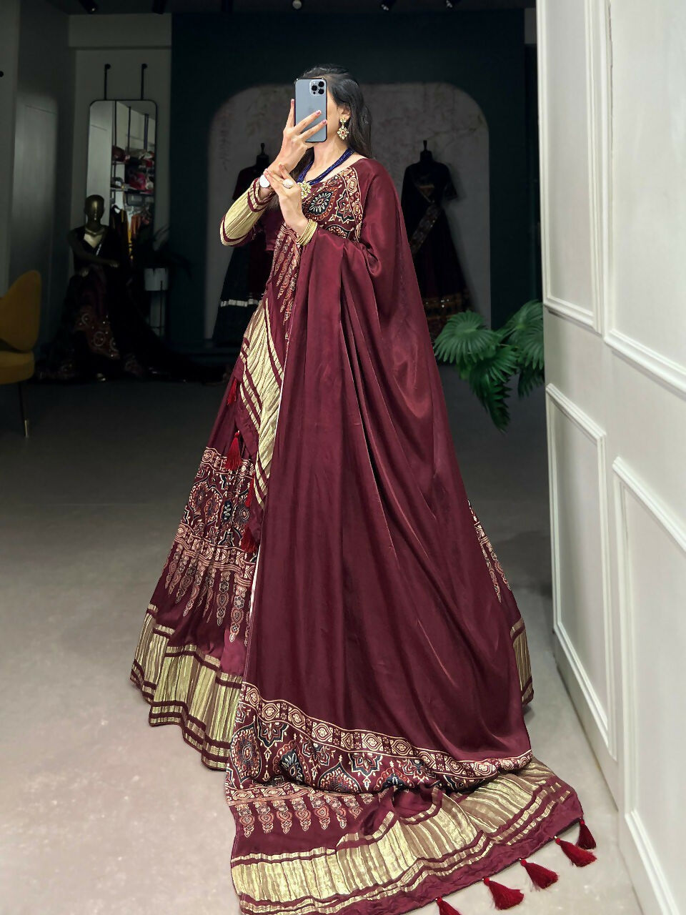 Vastranavya Traditional Every Occasion Gaji Silk Digital Print With Lagadi Patta Lehenga with Unstitched Blouse - Maroon