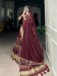 Thumbnail for Vastranavya Traditional Every Occasion Gaji Silk Digital Print With Lagadi Patta Lehenga with Unstitched Blouse - Maroon