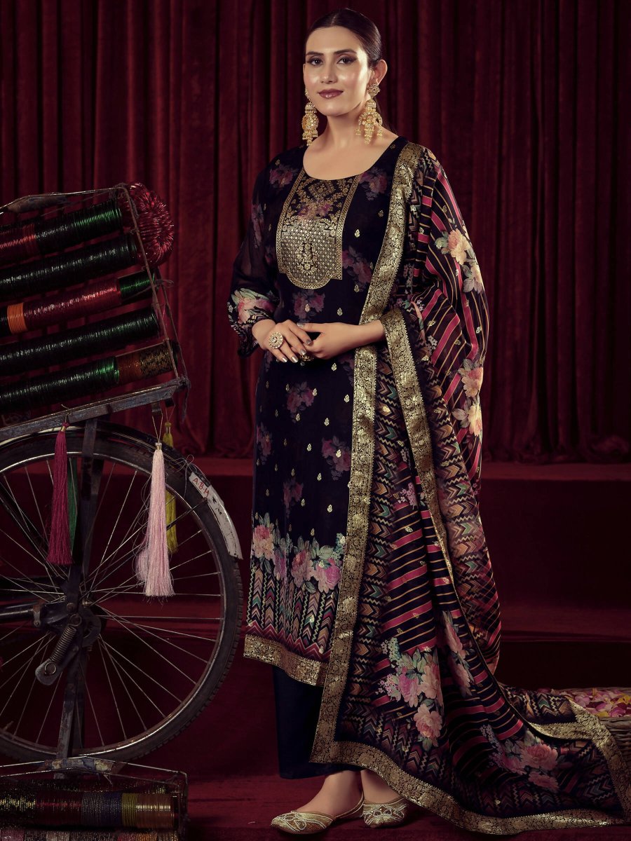 Aastha Fashion Women's Black Organza Jacquard Woven Kurta with Trouser & Dupatta - Distacart