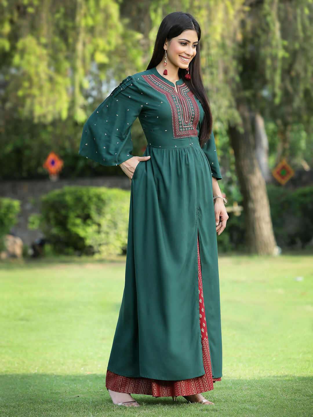 Juniper Jade Green Ethnic Motif Printed Rayon High-Slit Kurta & Palazzo Set With Thread Work Embroidery - Distacart