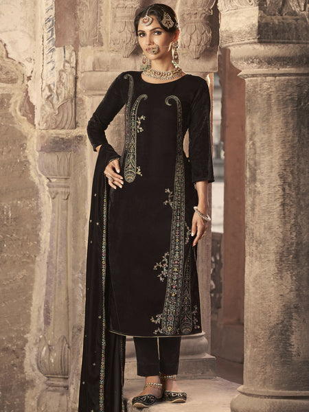 Jyoti Fashion Women's Brown Velvet Floral Resham Thread with Jari work Kurta with Trouser & Dupatta - Distacart