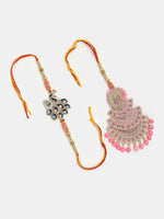 Thumbnail for NVR Women & Men Set of 2 Multicolor Peacock Design Stone-Studded & Beaded Bhaiya Bhabhi Rakhi With Roli Chawal - Distacart