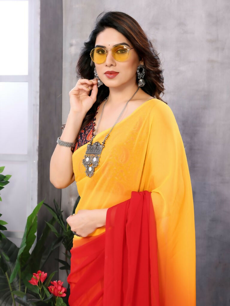 Partywear Designer Yellow & Red Georgette Fancy Saree - Satrangi