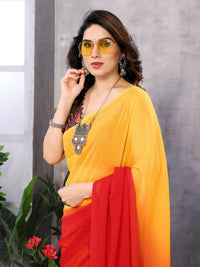 Thumbnail for Partywear Designer Yellow & Red Georgette Fancy Saree - Satrangi