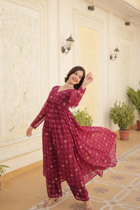 Thumbnail for Aastha Fashion Magenta Faux Georgette Printed Gown With Pant