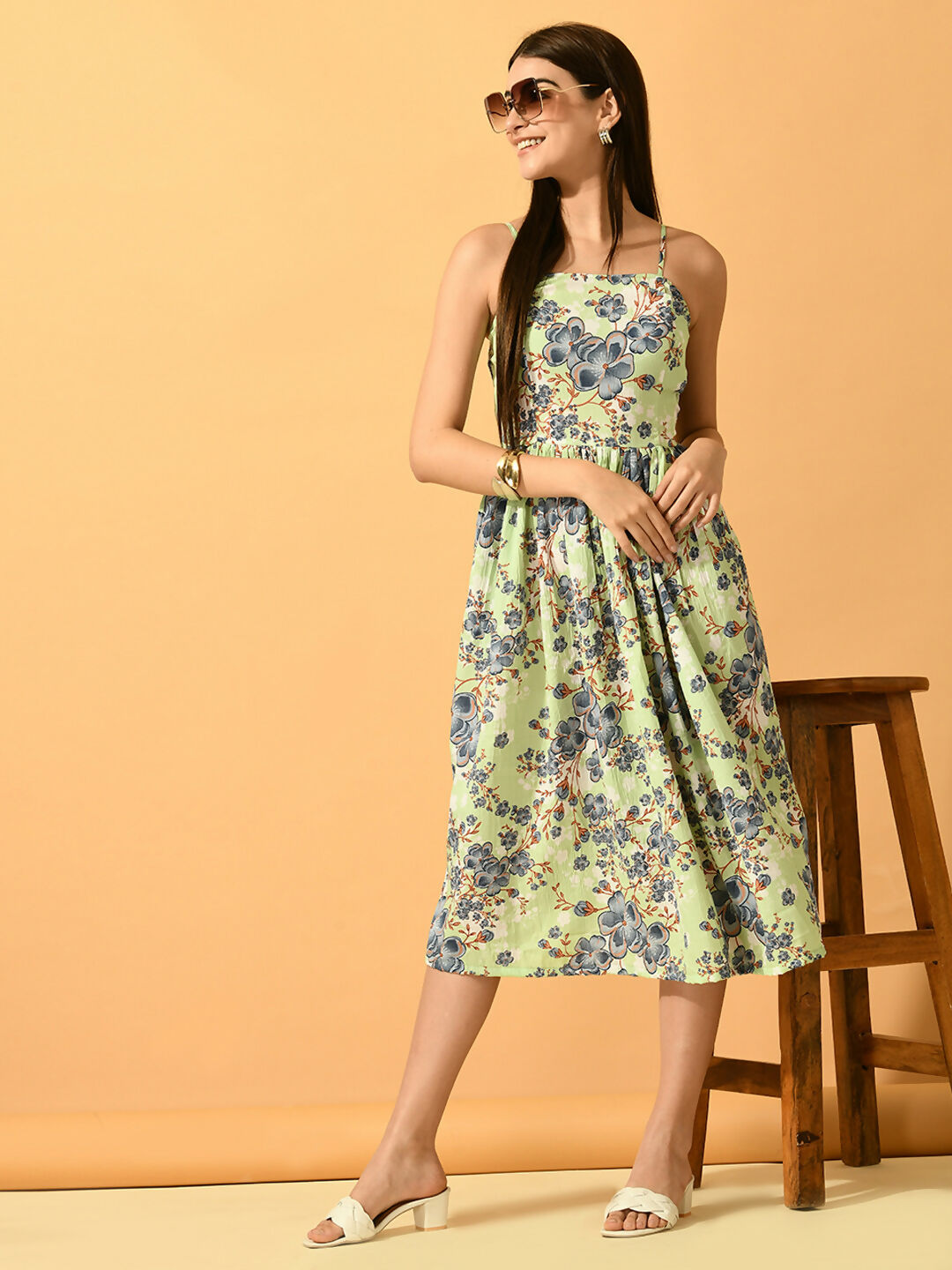 Myshka Women's Lime Green Fit and Flare Party Dress - Distacart