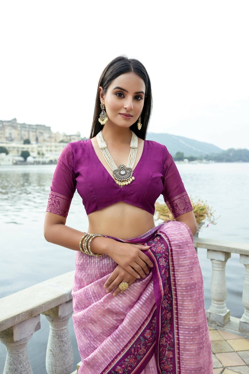 Aastha Fashion Pink Floral Printed Cotton Silk Saree with Blouse - Distacart