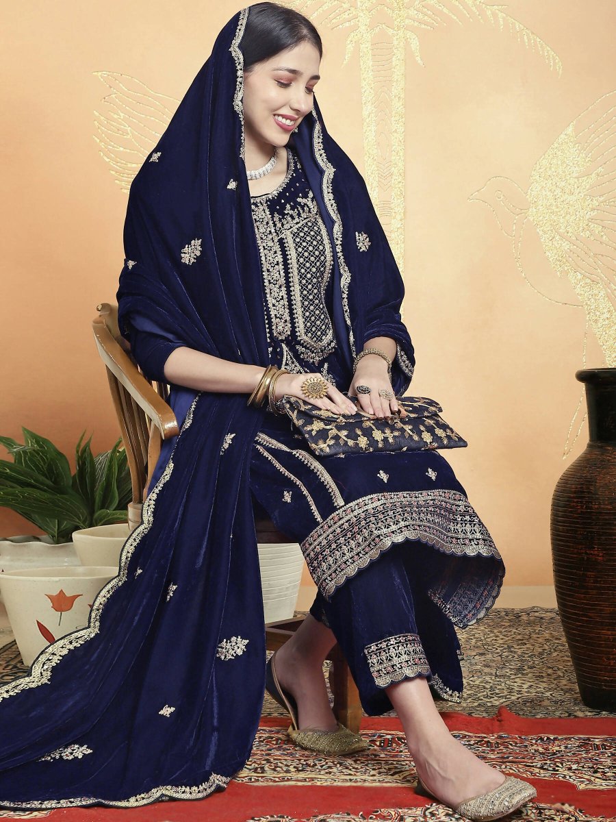 Aastha Fashion Women's Navy Blue Velvet Cording with Resham Thread & Sequin Kurta with Trouser & Dupatta - Distacart