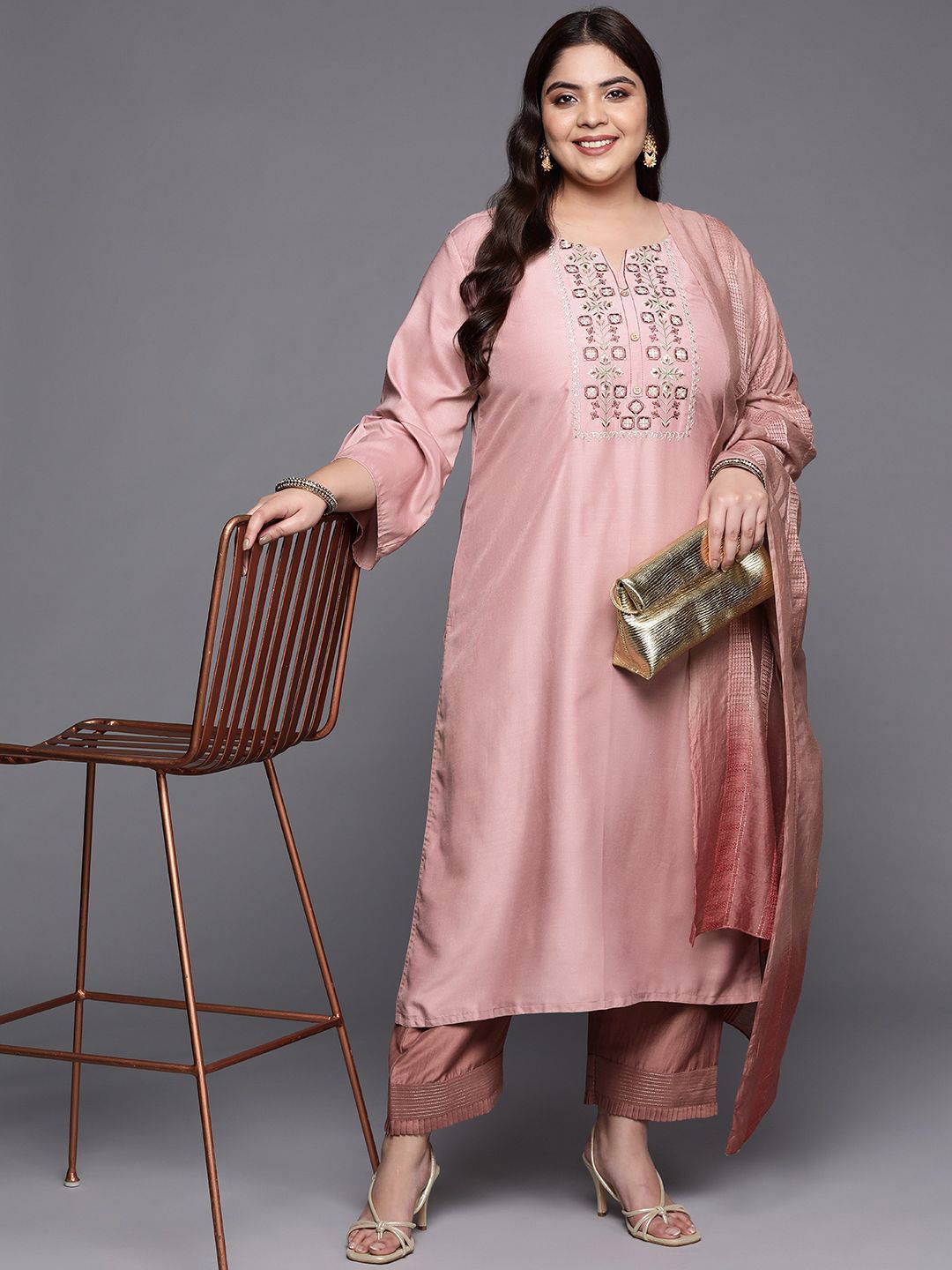Sztori Plus Size Geometric Yoke Design Straight Kurta & Trousers With Dupatta - Distacart