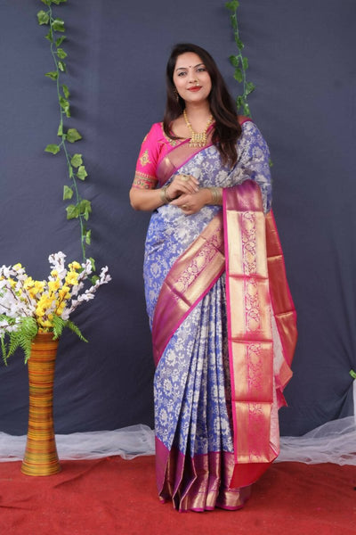 Aastha Fashion Blue Woven Tissue Silk Saree with Blouse - Distacart