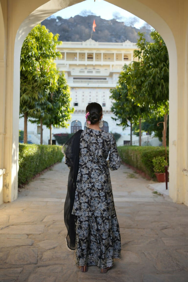 Vaasva Women Navy Blue Muslin Floral & Embroidered Cut Work Kurta ,Sharara & Dupatta set - Distacart