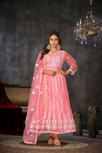 Thumbnail for Jyoti Fashion Women's Baby Pink Net Embroidered Anarkali Kurta Pant Set With Dupatta