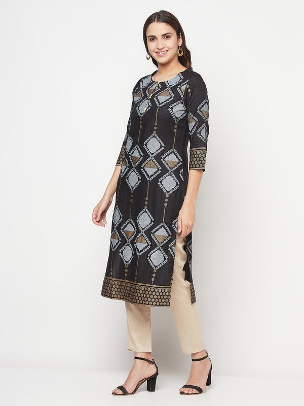 Aniyah Rayon Screen Print Black Straight Kurta