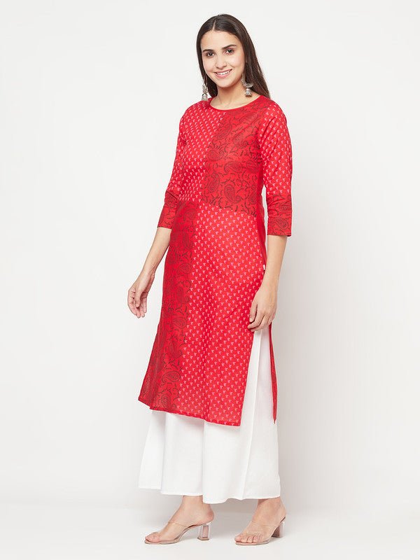 Aniyah Cotton Block Print Red Color Straight Kurta