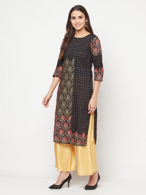 Aniyah Black Color Cotton Block Print Straight Kurta