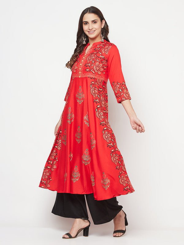 Aniyah Rayon Block Print Red Anarkali Kurta