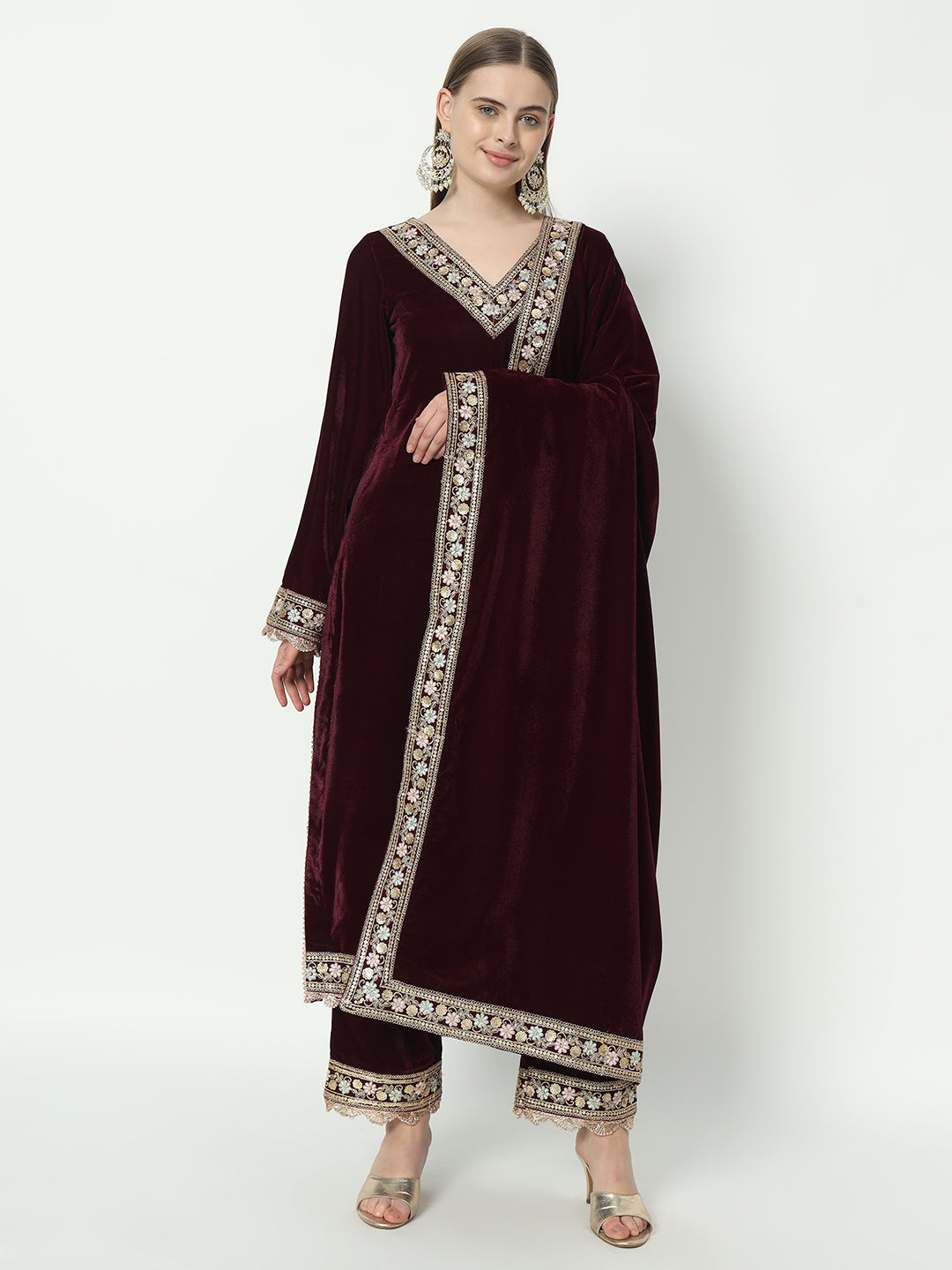 Fab Fashion Wine Velvet Side High Slit Suit Full Set - Distacart