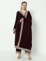 Thumbnail for Fab Fashion Wine Velvet Side High Slit Suit Full Set - Distacart