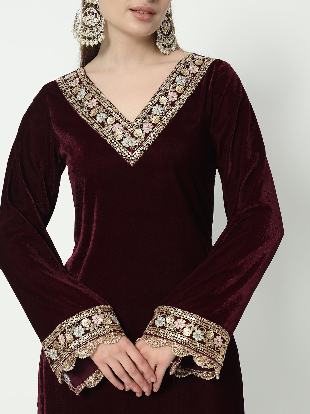 Fab Fashion Wine Velvet Side High Slit Suit Full Set - Distacart