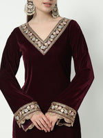 Thumbnail for Fab Fashion Wine Velvet Side High Slit Suit Full Set - Distacart