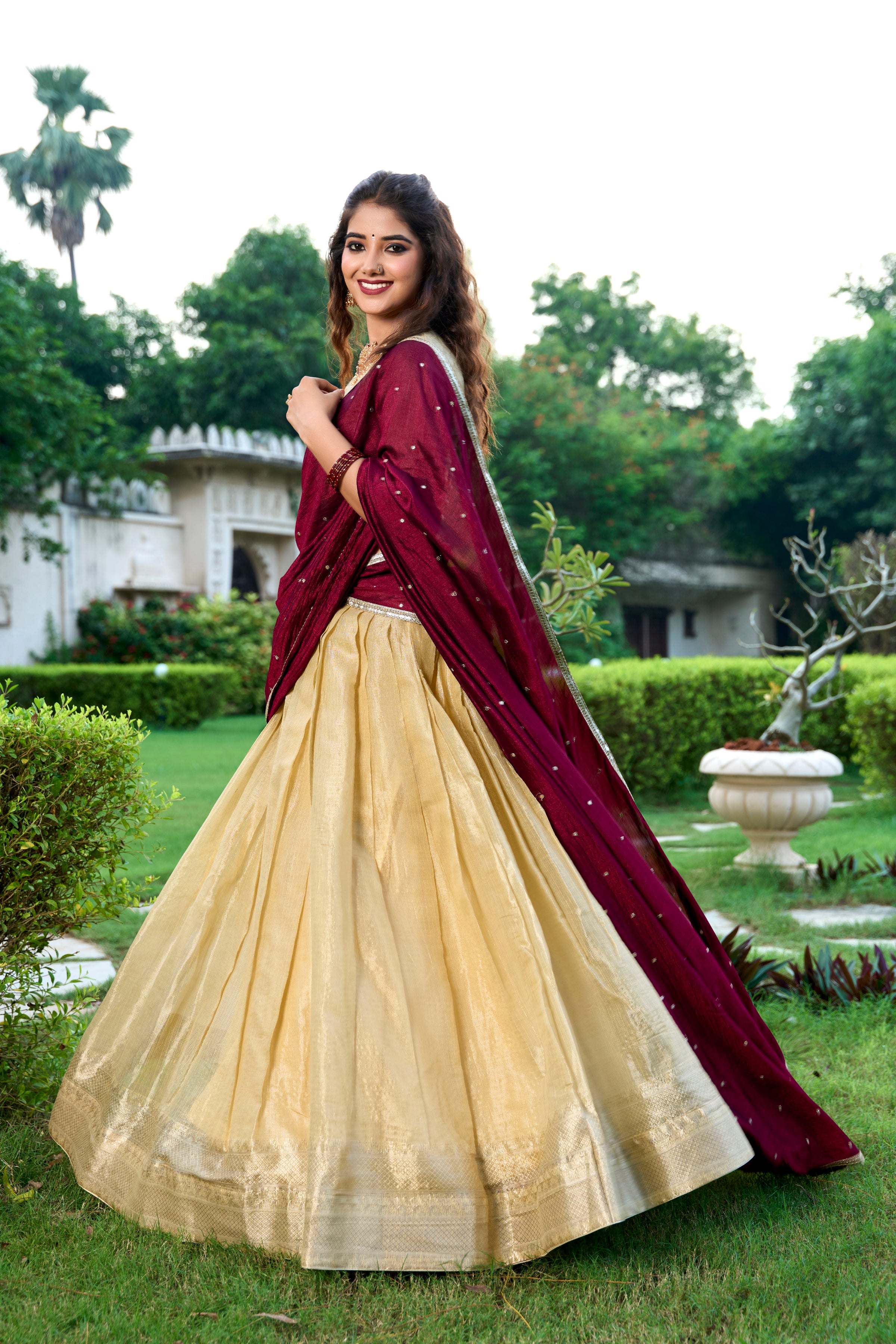 Lorenvalley Cream Kanchipuram Zari Weaving Work Lehenga Choli with Dupatta - Distacart