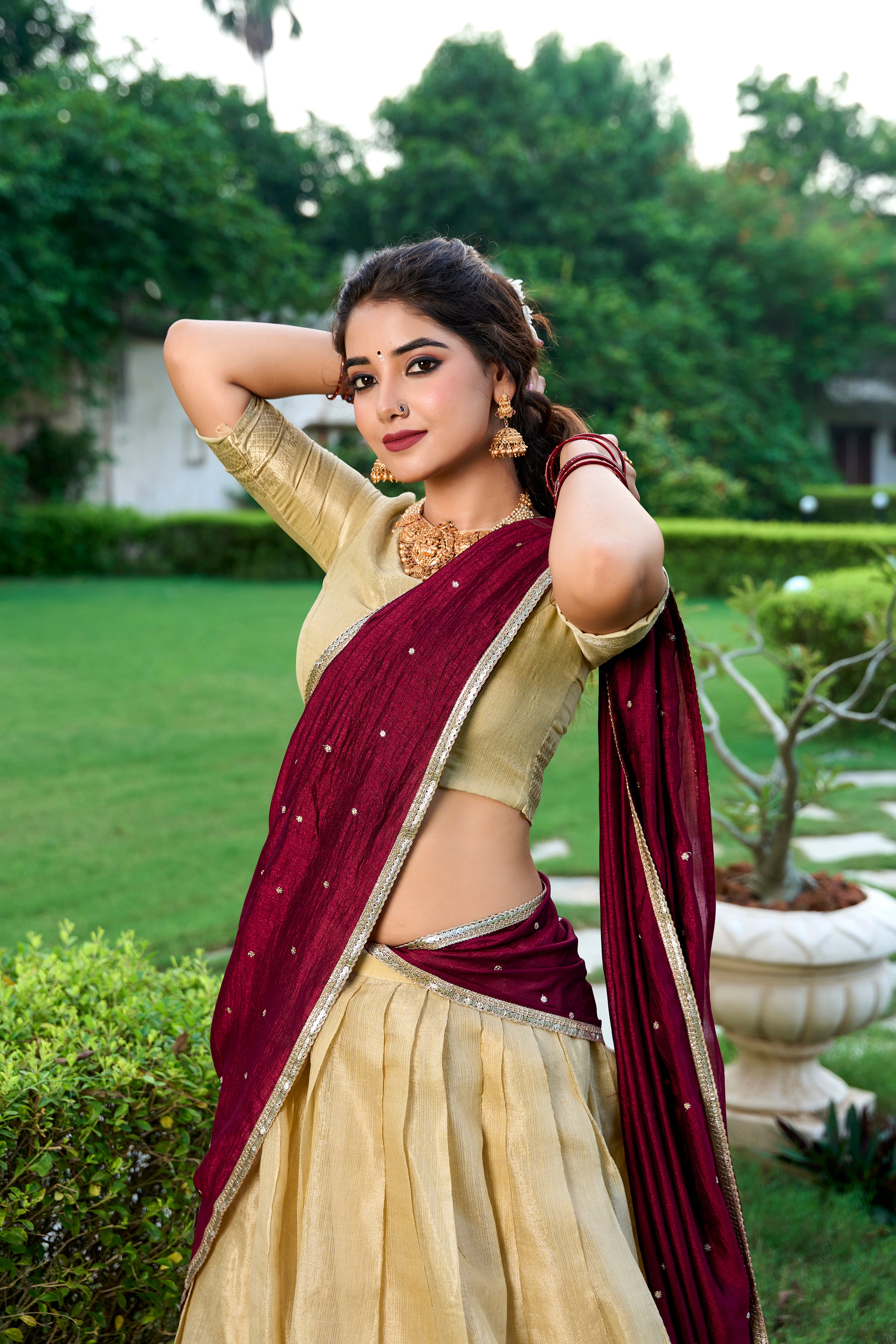 Lorenvalley Cream Kanchipuram Zari Weaving Work Lehenga Choli with Dupatta - Distacart