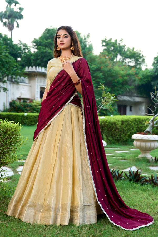 Lorenvalley Cream Kanchipuram Zari Weaving Work Lehenga Choli with Dupatta - Distacart