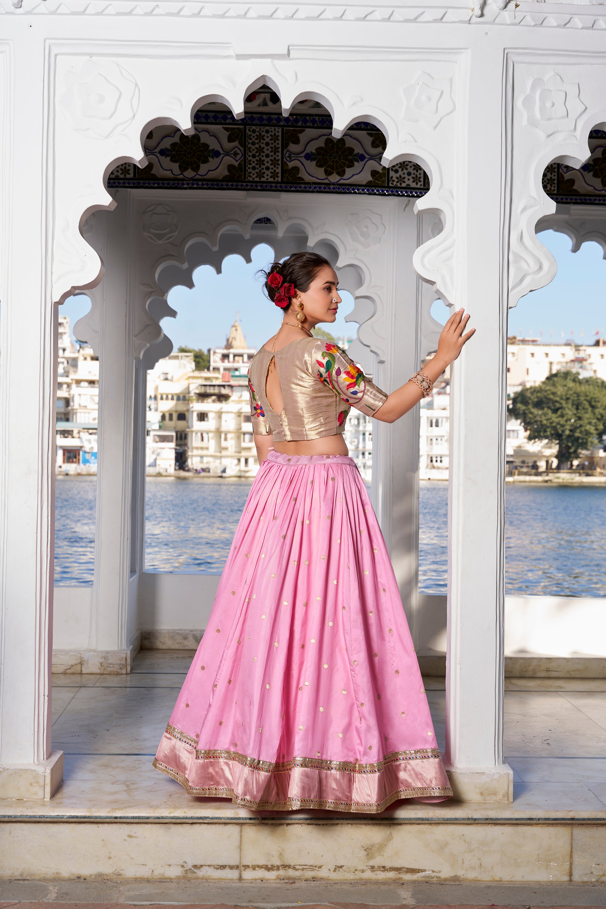 Lorenvalley Pink Jacquard Silk Paithani Weaving Zari Work with Lace Touch Up Lehenga Choli with Dupatta - Distacart
