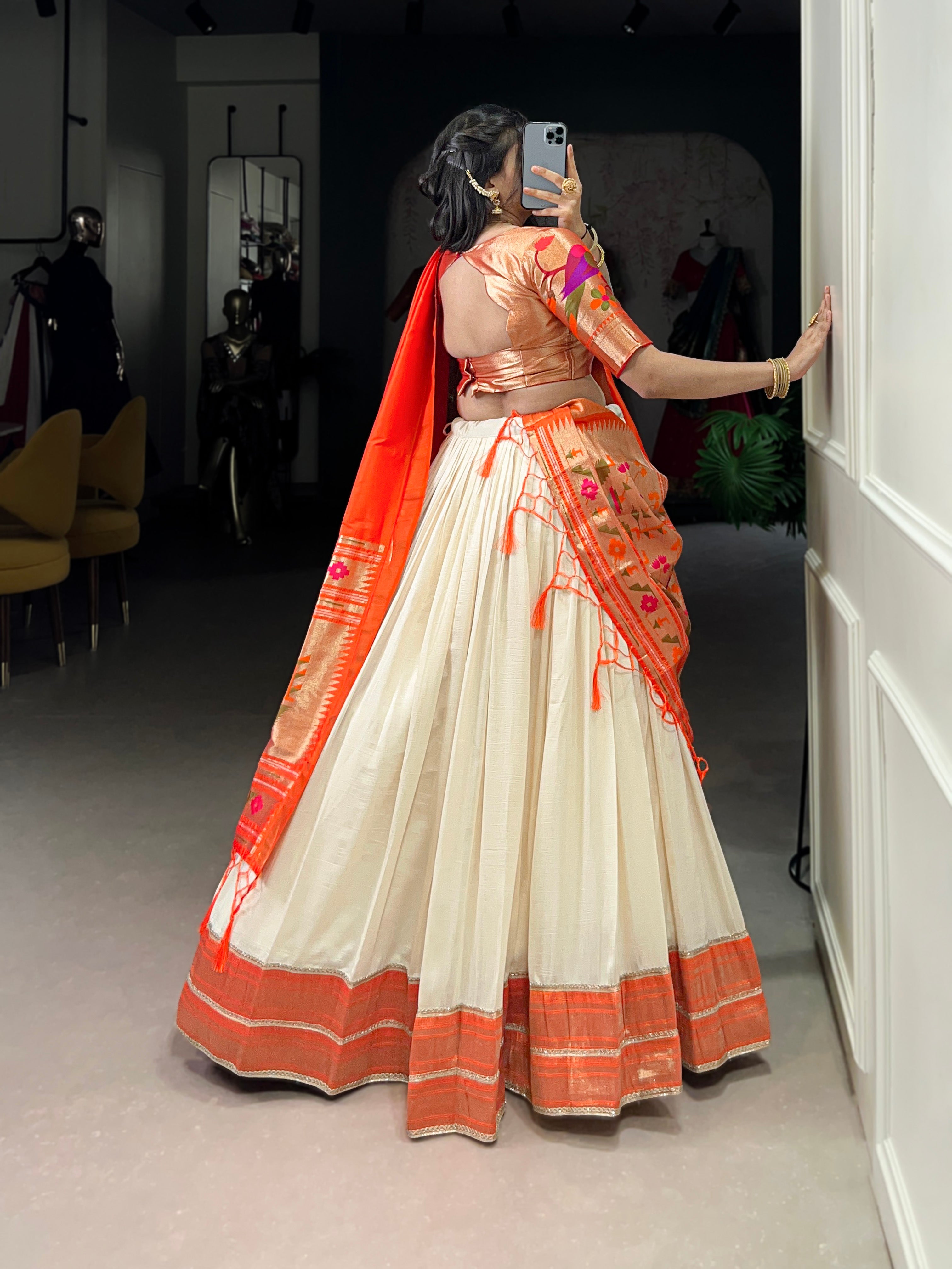 Lorenvalley Fashion Off White Vichitra Silk Zari Weaving With Lace Border Lehenga Choli with Dupatta