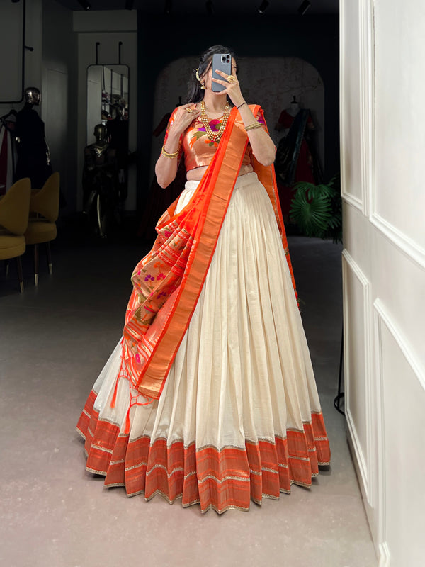 Lorenvalley Fashion Off White Vichitra Silk Zari Weaving With Lace Border Lehenga Choli with Dupatta