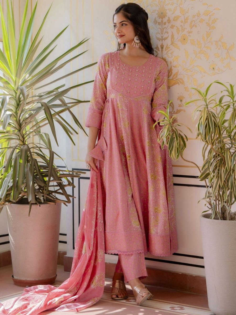 Anouk Women Floral Printed Panelled Aari Work Pure Cotton Kurta with Trousers & With Dupatta