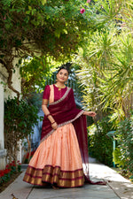Thumbnail for Lorenvalley Peach Zari Chex with Zari Weaving Work Lehenga Choli with Dupatta - Distacart