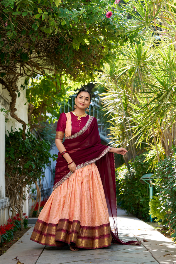 Lorenvalley Peach Zari Chex with Zari Weaving Work Lehenga Choli with Dupatta - Distacart