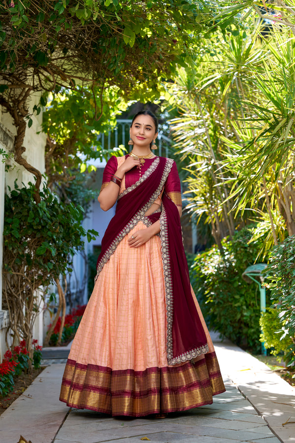 Lorenvalley Peach Zari Chex with Zari Weaving Work Lehenga Choli with Dupatta - Distacart