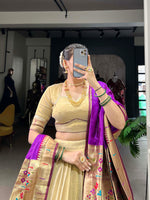 Thumbnail for Lorenvalley Cream Erode Plain With Paithani Lace Border Lehenga Choli with Dupatta - Distacart
