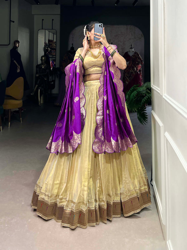 Lorenvalley Cream Erode Plain With Paithani Lace Border Lehenga Choli with Dupatta - Distacart