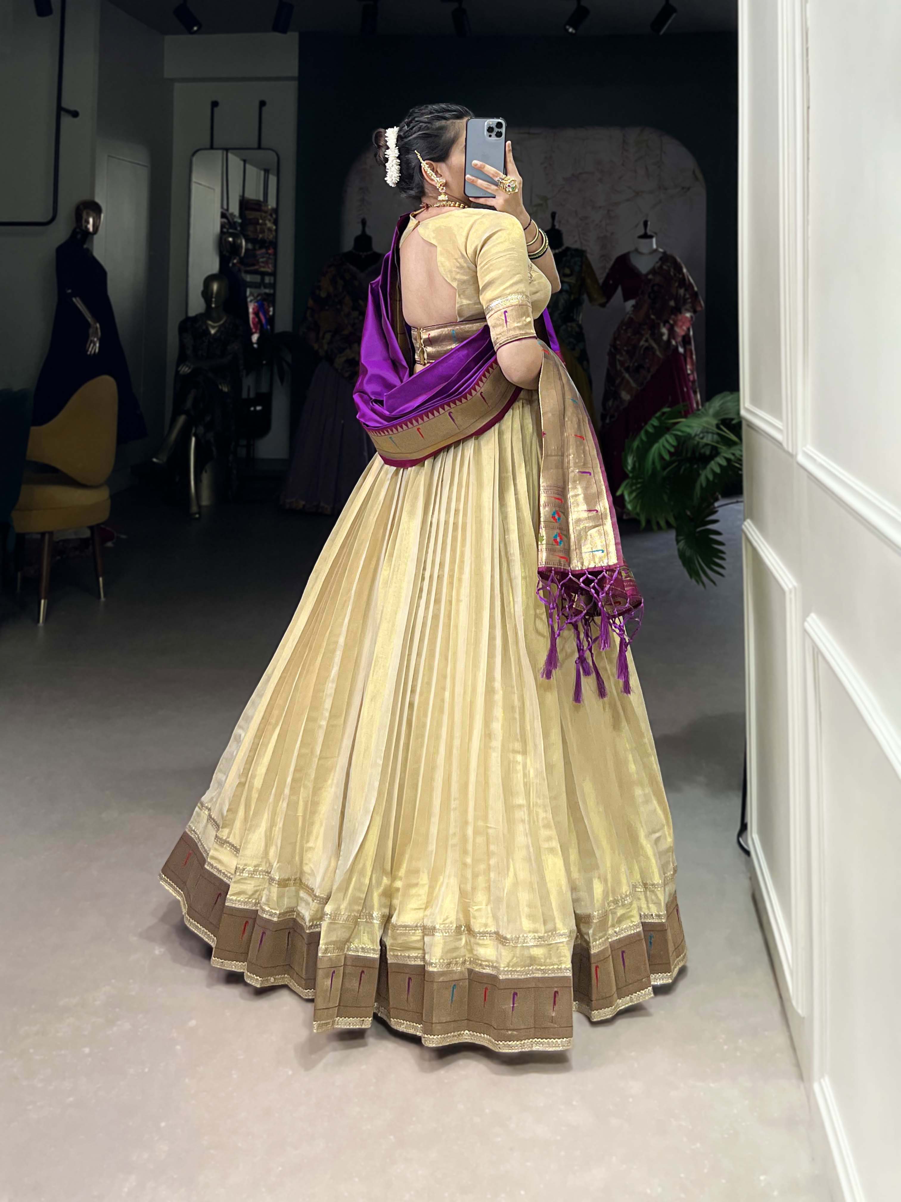 Lorenvalley Cream Erode Plain With Paithani Lace Border Lehenga Choli with Dupatta - Distacart