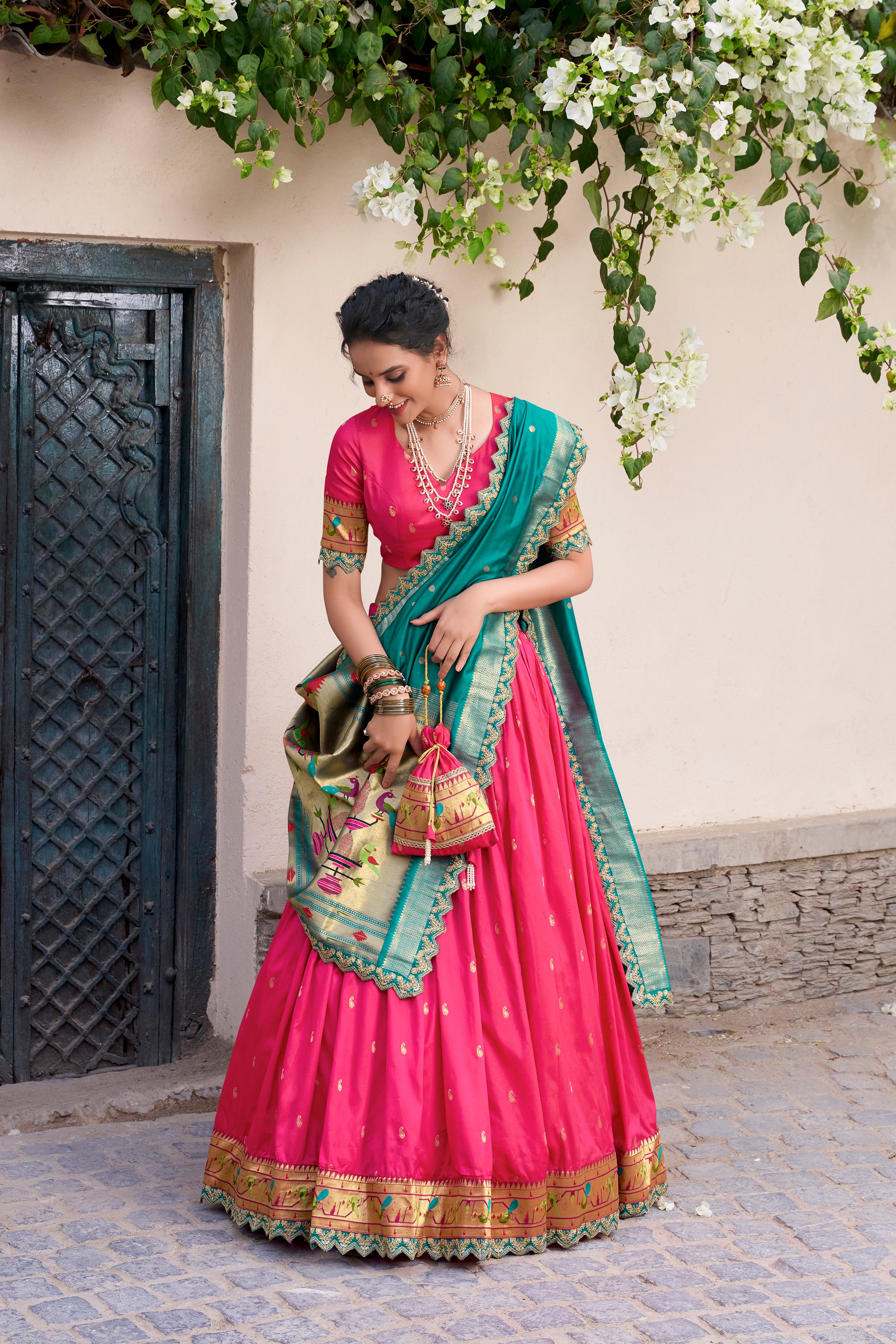 Lorenvalley Pink Jacquard Silk Paithani Zari Weaving Work With Sequins and Thread Embroidery Scallop Lace Border Lehenga Choli with Dupatta - Distacart