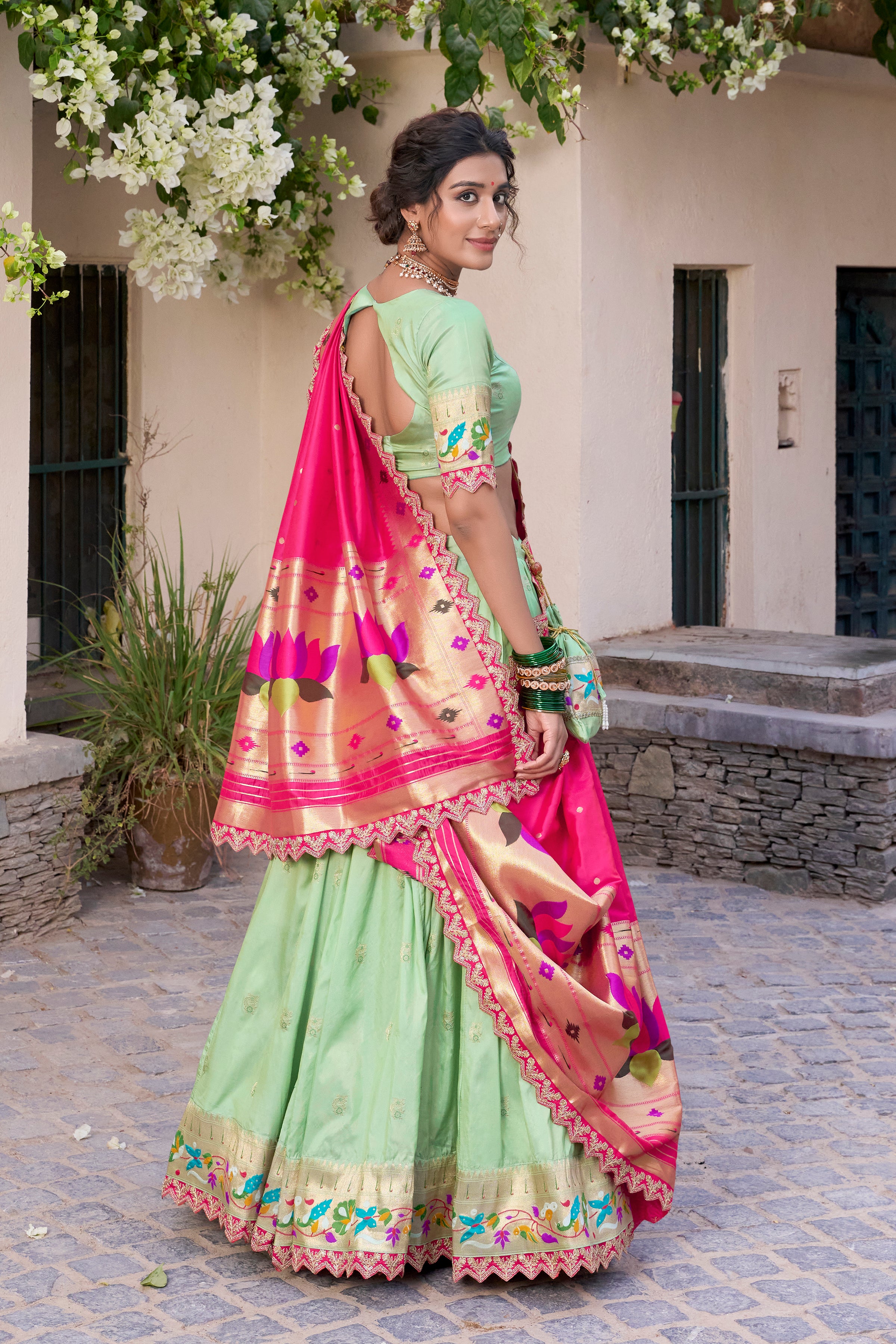 Lorenvalley Pista Jacquard Silk Paithani Zari Weaving Work With Sequins and Thread Embroidery Scallop Lace Border Lehenga Choli with Dupatta - Distacart
