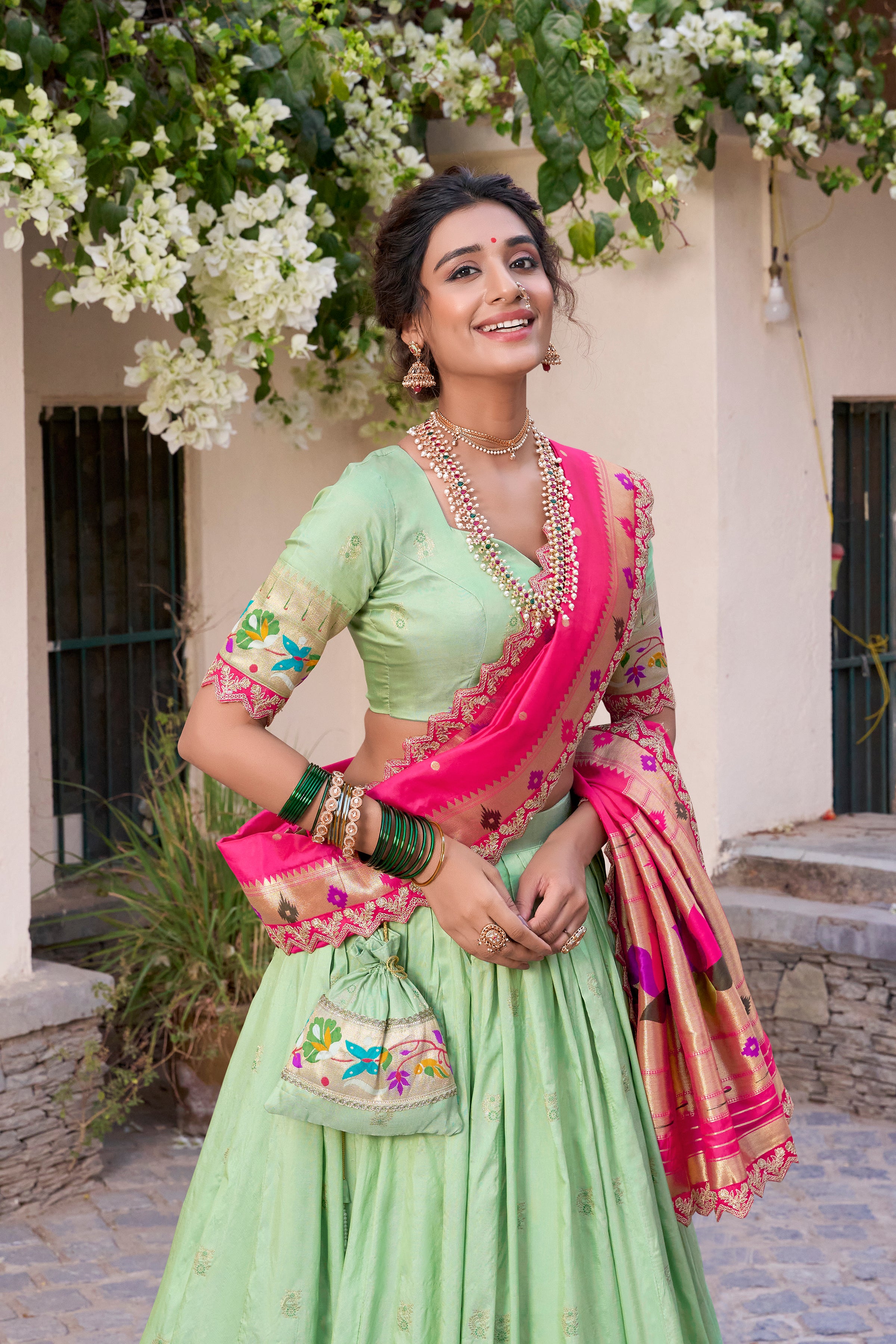 Lorenvalley Pista Jacquard Silk Paithani Zari Weaving Work With Sequins and Thread Embroidery Scallop Lace Border Lehenga Choli with Dupatta - Distacart
