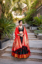 Thumbnail for Lorenvalley Black Jacquard Silk Paithani Zari Weaving Work Lehenga Choli with Dupatta - Distacart