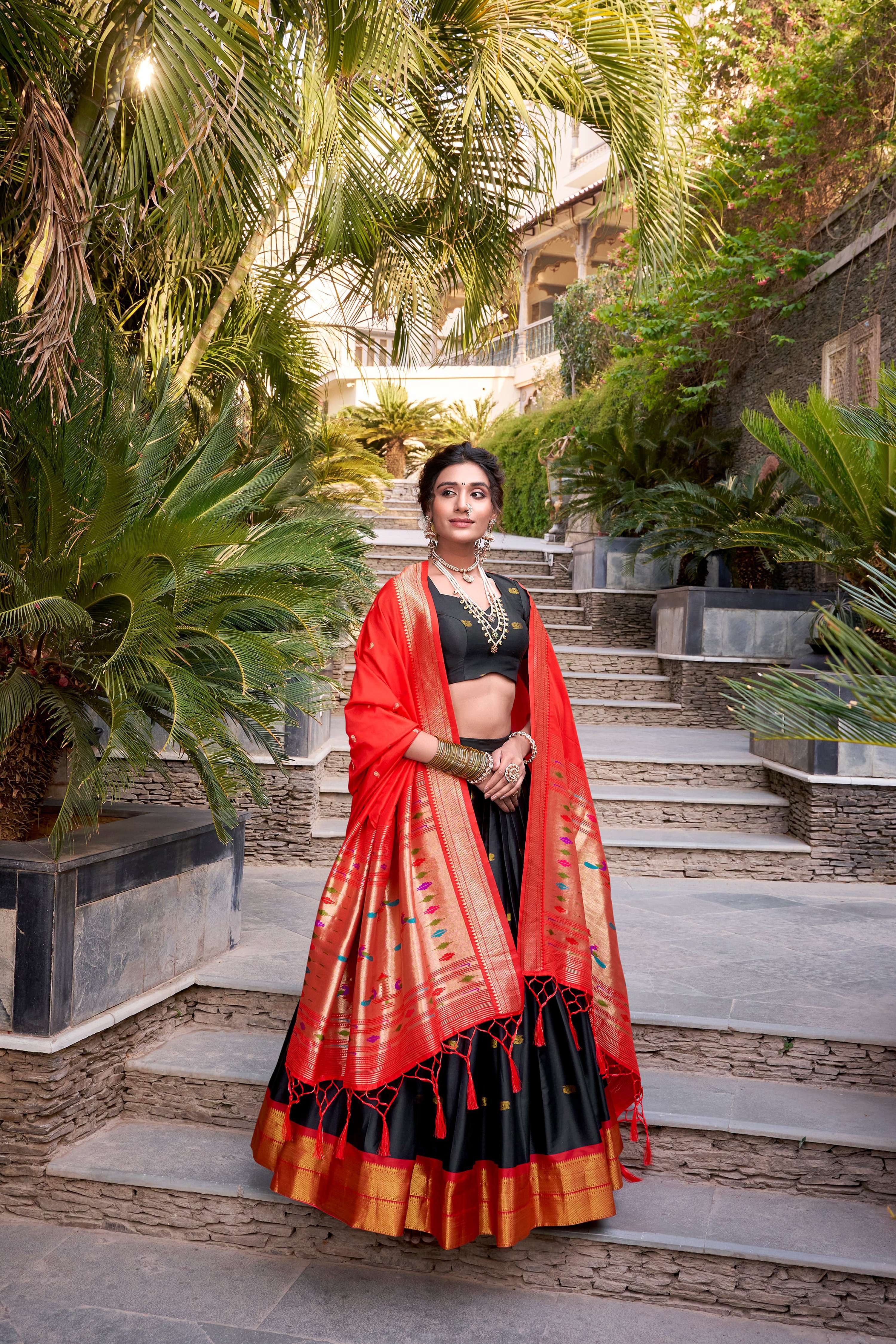 Lorenvalley Black Jacquard Silk Paithani Zari Weaving Work Lehenga Choli with Dupatta - Distacart