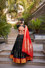 Thumbnail for Lorenvalley Black Jacquard Silk Paithani Zari Weaving Work Lehenga Choli with Dupatta - Distacart